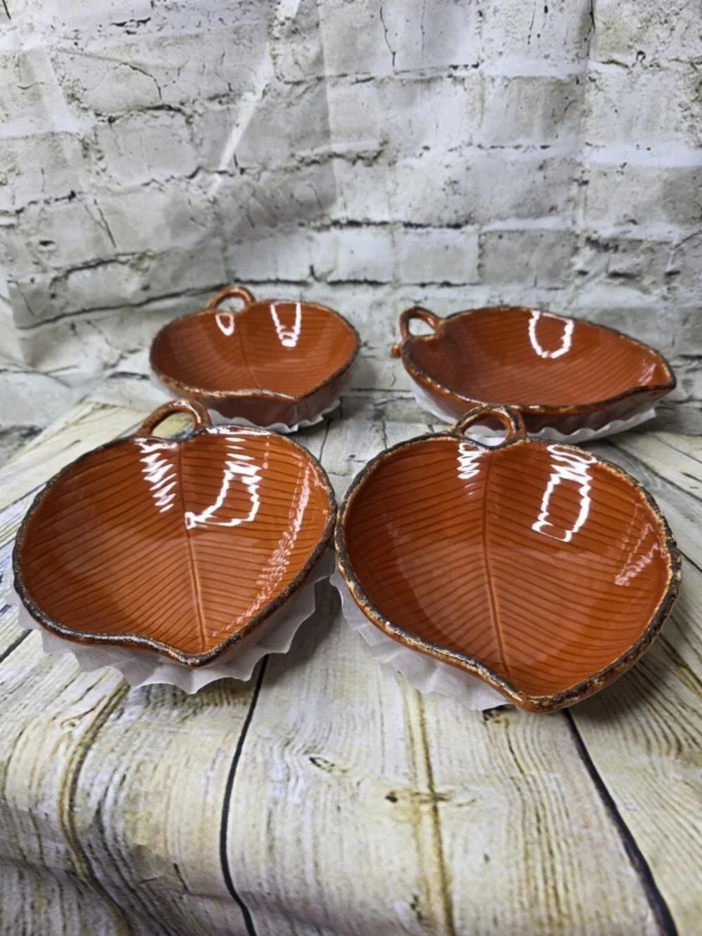 4 Leaf Shaped Hand Painted Crafted Ceramic Bowl Burnt Orange Rough Glazed Finish